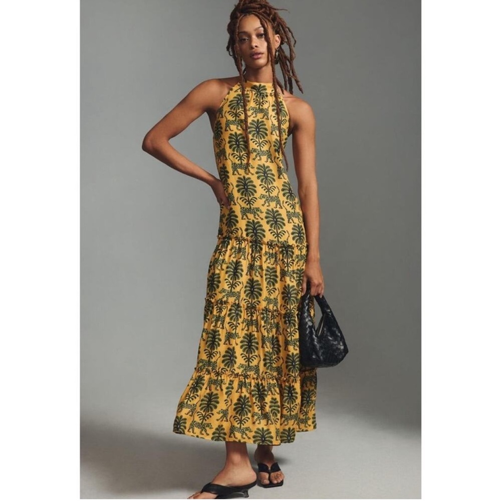 Farm Rio Satin Halter Dress Backless Cheetah Print Yellow Green Size Large New